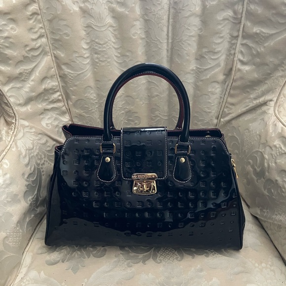 Arcadia Black Satchel with Gold Clasp and Embossed Texture - Picture 2 of 11